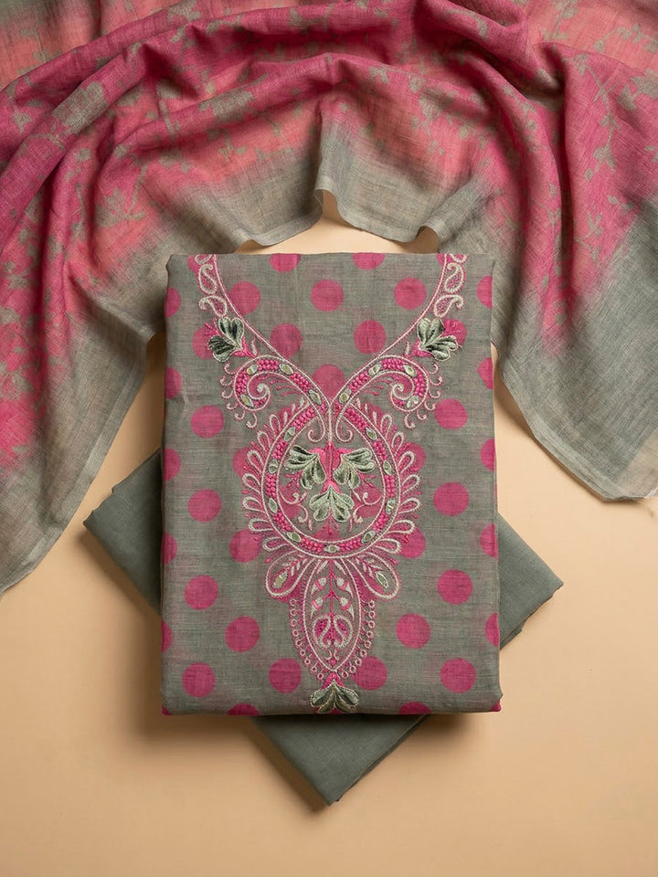 Grey Cotton Blend Embroidered Unstitched Dress Material