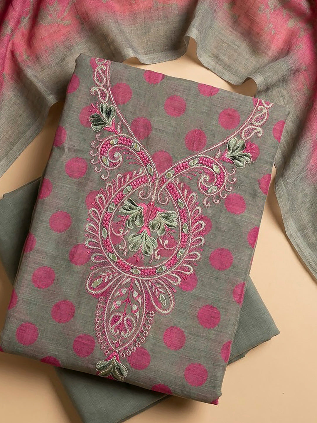 Grey Cotton Blend Embroidered Unstitched Dress Material