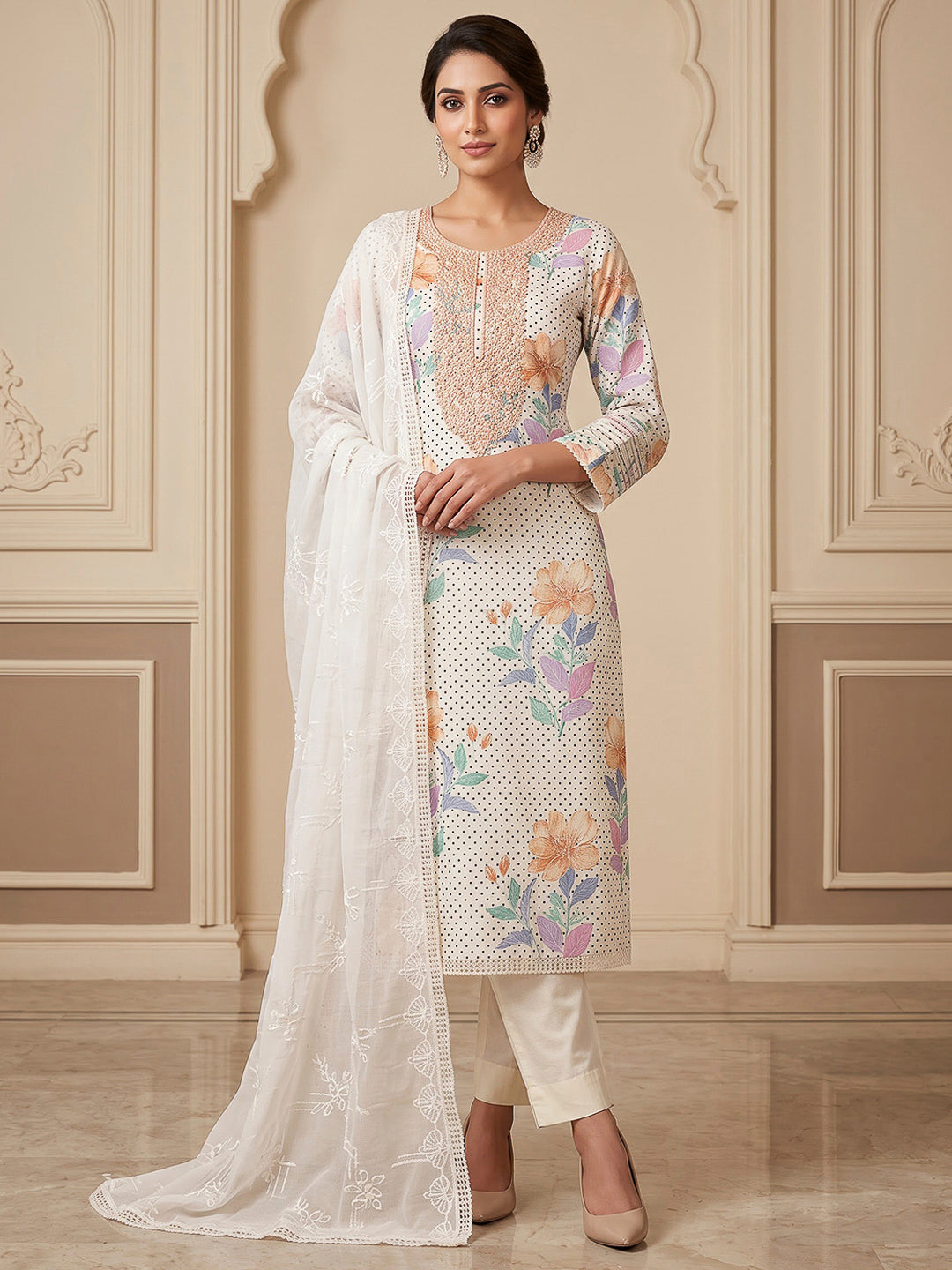 Off White Cotton Blend Embroidered Unstitched Dress Material