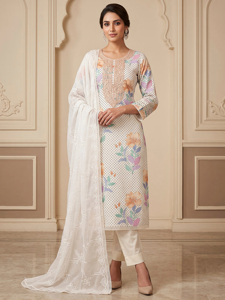 Off White Cotton Blend Embroidered Unstitched Dress Material