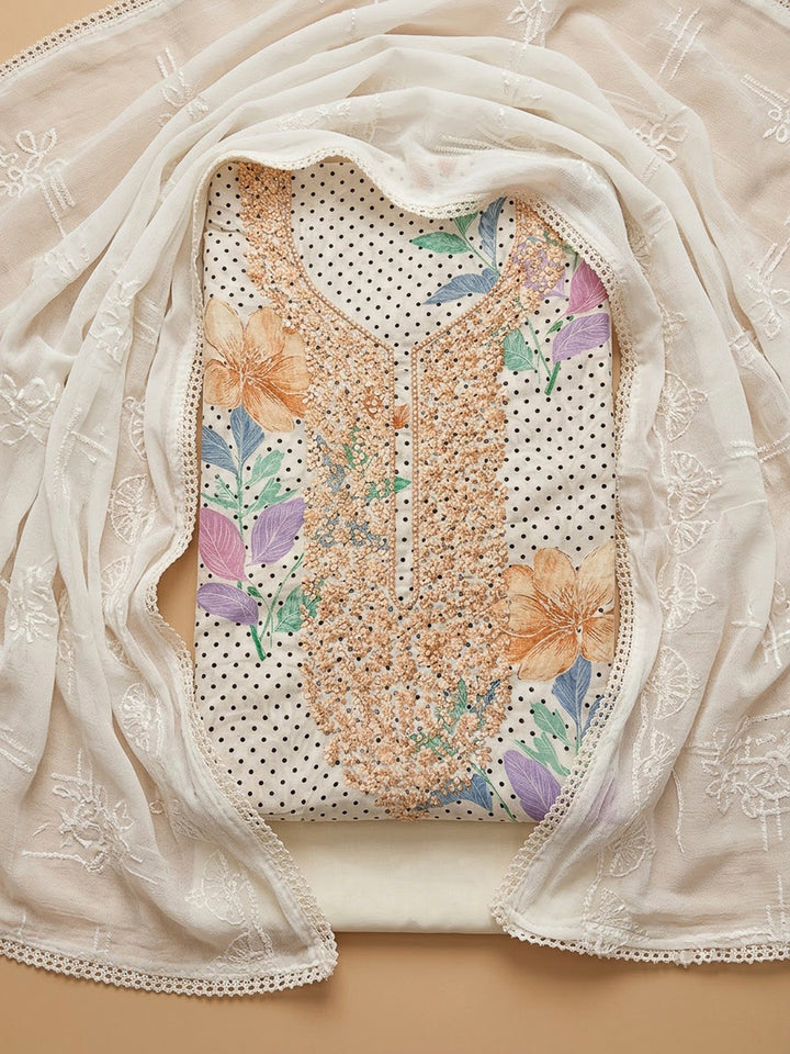 Off White Cotton Blend Embroidered Unstitched Dress Material
