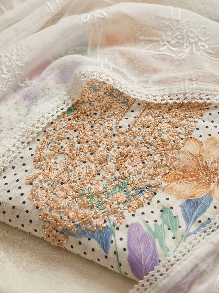 Off White Cotton Blend Embroidered Unstitched Dress Material