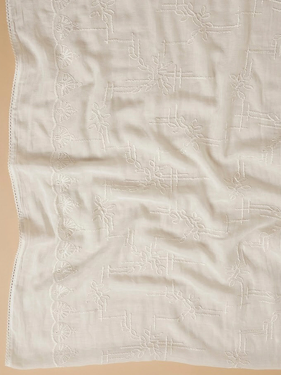 Off White Cotton Blend Embroidered Unstitched Dress Material