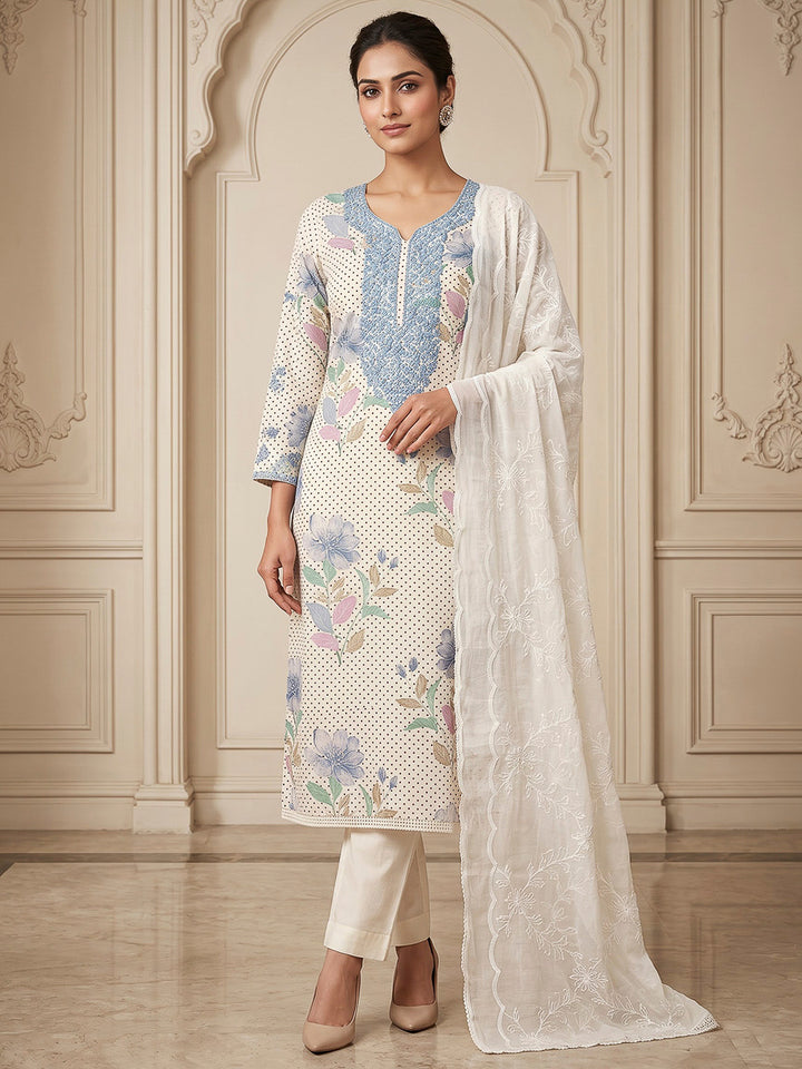Off White Cotton Blend Embroidered Unstitched Dress Material
