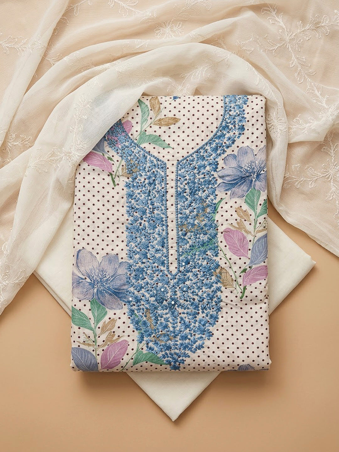 Off White Cotton Blend Embroidered Unstitched Dress Material