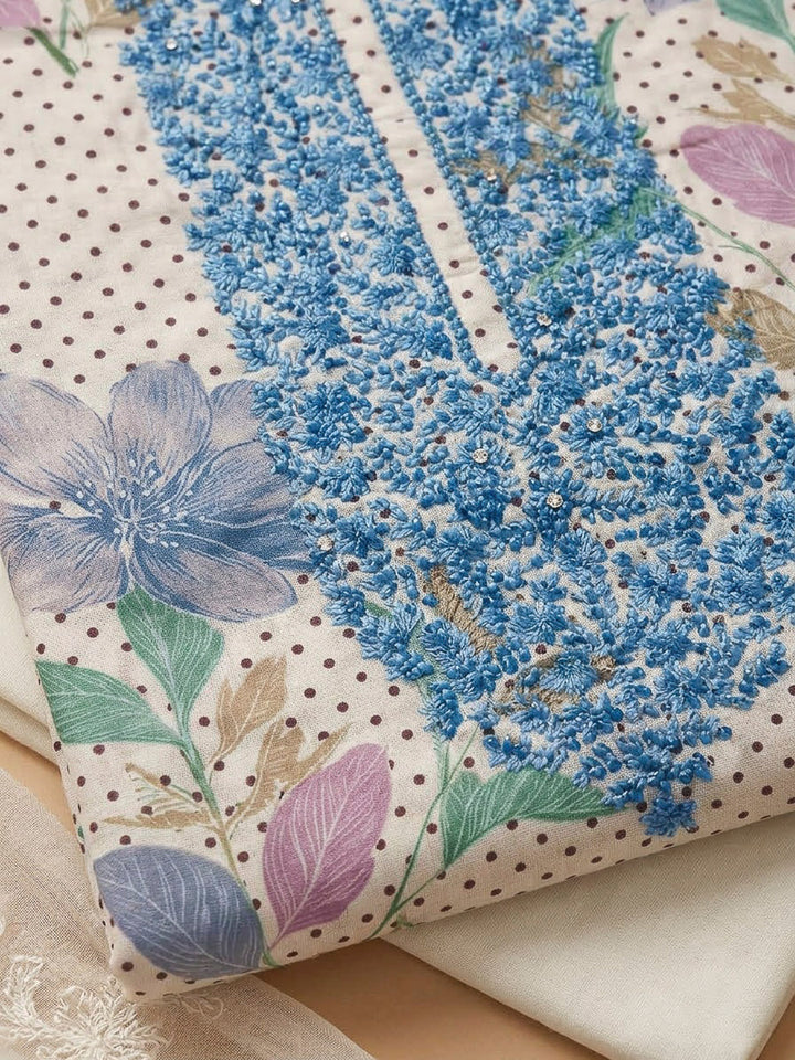 Off White Cotton Blend Embroidered Unstitched Dress Material