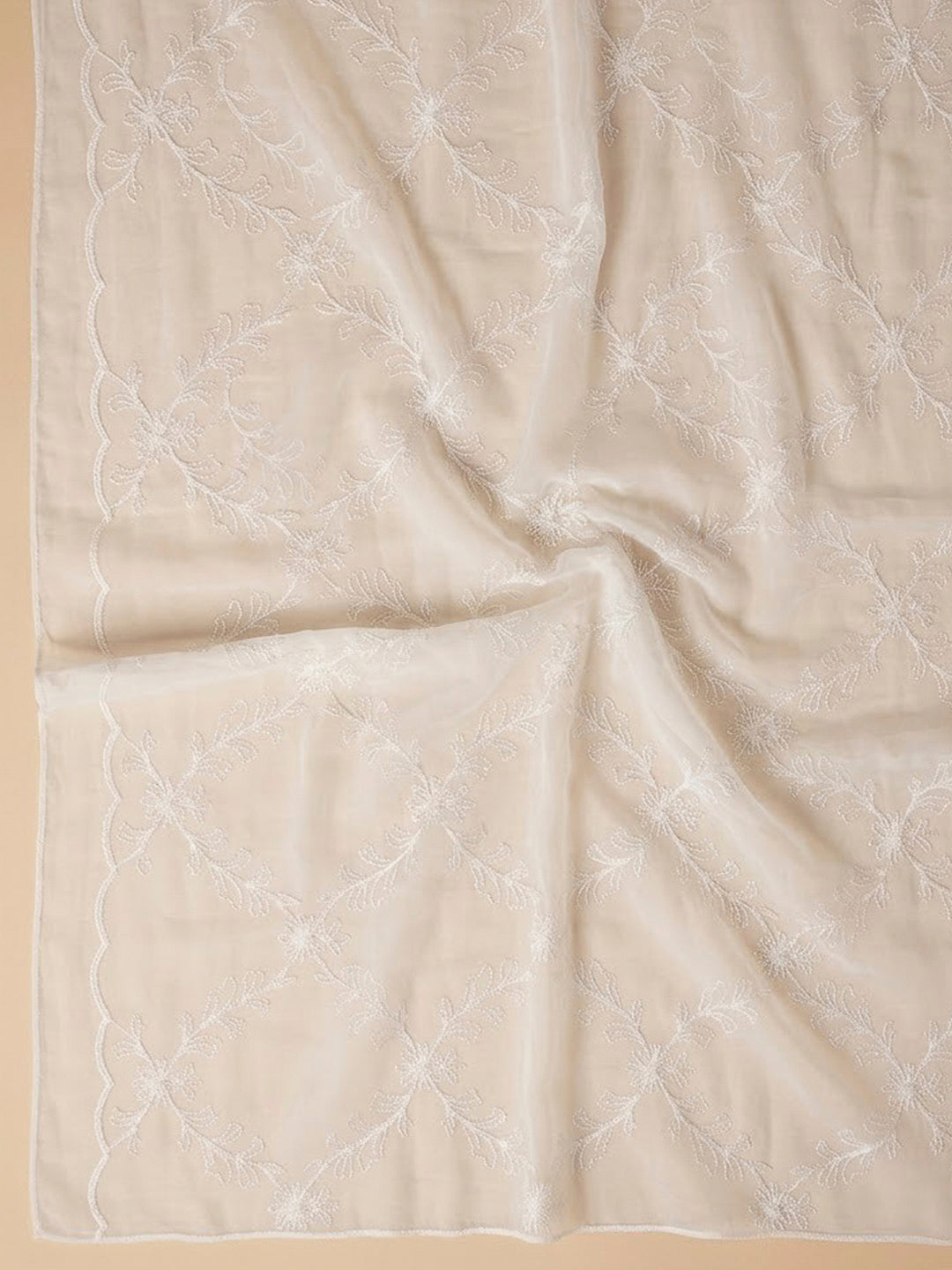 Off White Cotton Blend Embroidered Unstitched Dress Material
