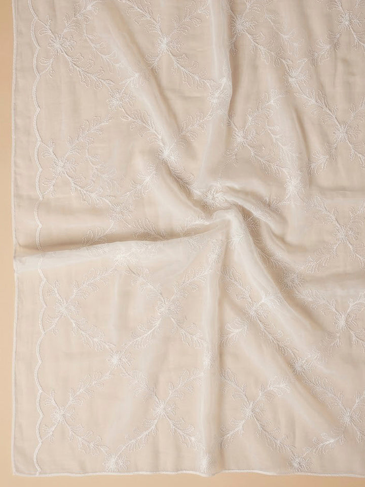 Off White Cotton Blend Embroidered Unstitched Dress Material