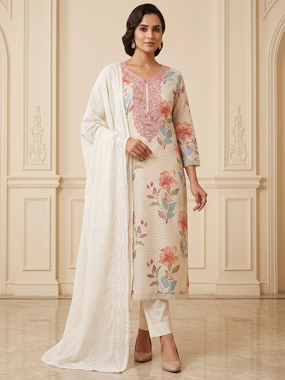 Off White Cotton Blend Embroidered Unstitched Dress Material