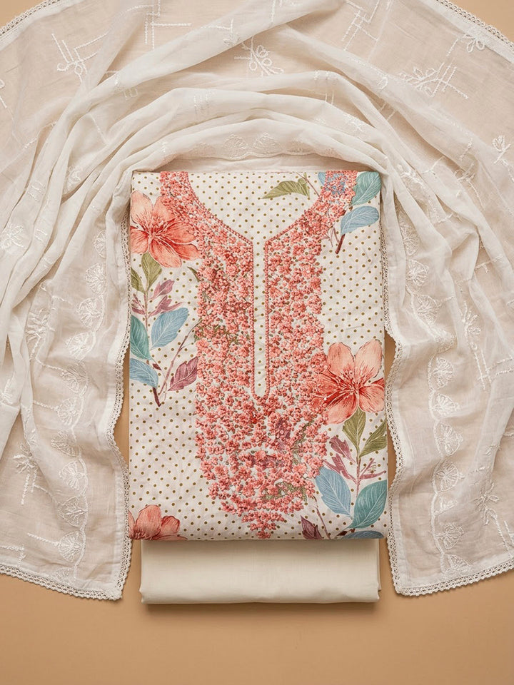 Off White Cotton Blend Embroidered Unstitched Dress Material