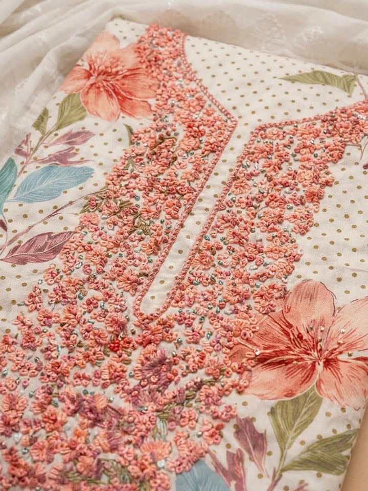 Off White Cotton Blend Embroidered Unstitched Dress Material