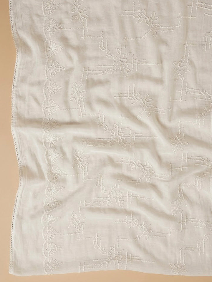 Off White Cotton Blend Embroidered Unstitched Dress Material