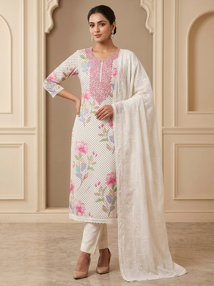 Off White Cotton Blend Embroidered Unstitched Dress Material