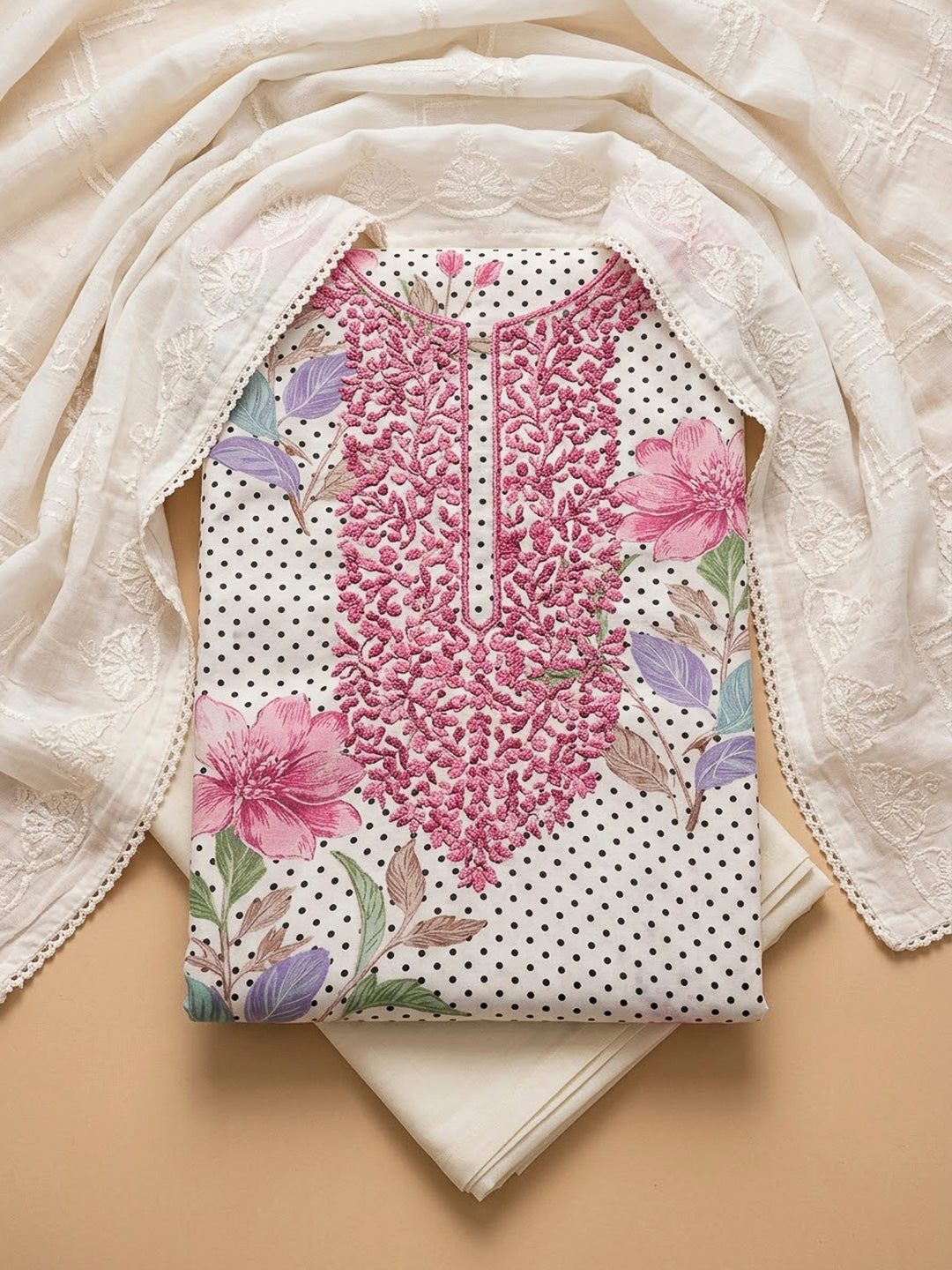Off White Cotton Blend Embroidered Unstitched Dress Material