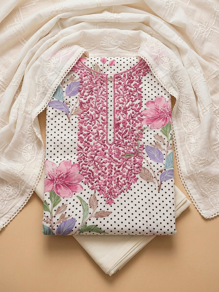 Off White Cotton Blend Embroidered Unstitched Dress Material