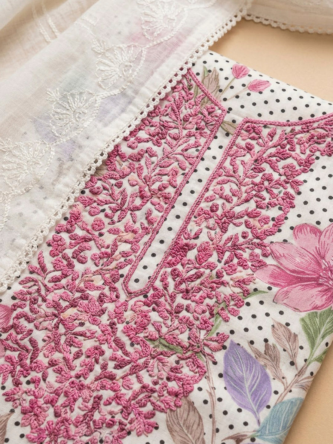 Off White Cotton Blend Embroidered Unstitched Dress Material
