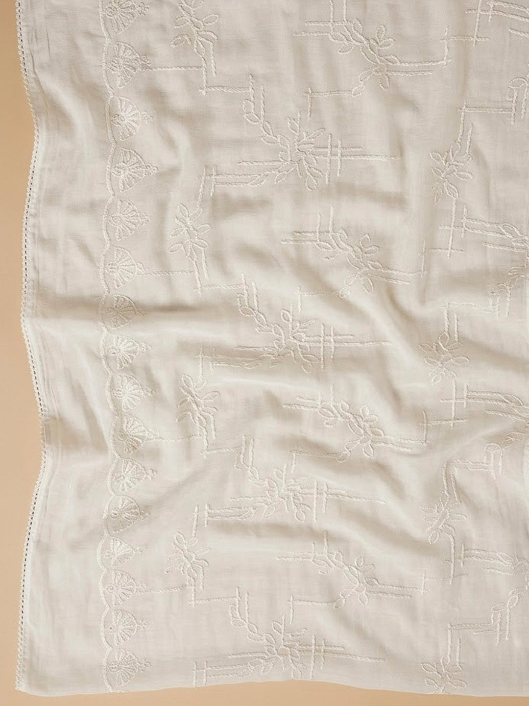 Off White Cotton Blend Embroidered Unstitched Dress Material