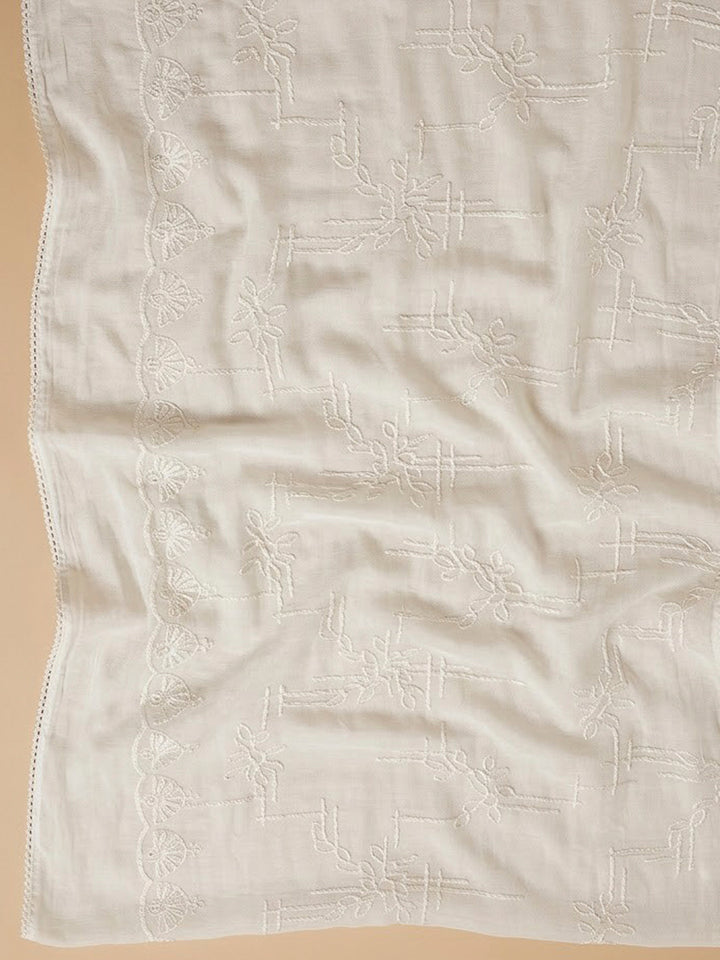 Off White Cotton Blend Embroidered Unstitched Dress Material