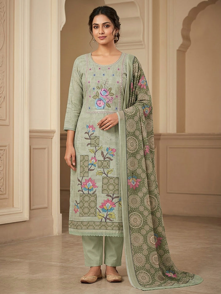 Aqua Green Chanderi Printed Unstitched Dress Material
