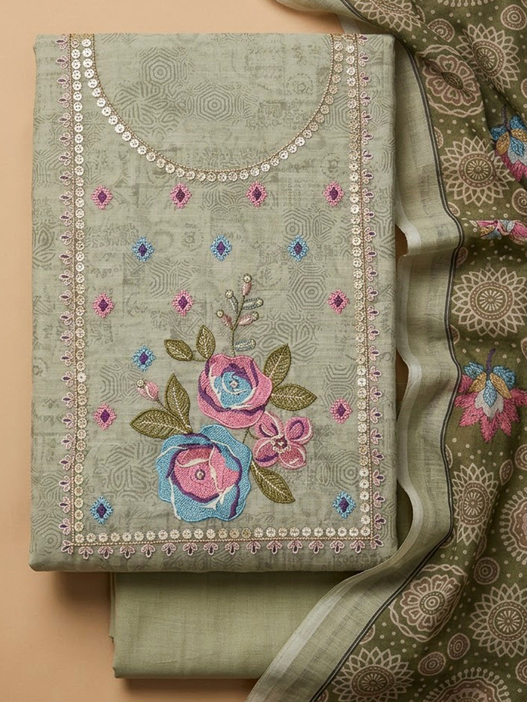 Aqua Green Chanderi Printed Unstitched Dress Material