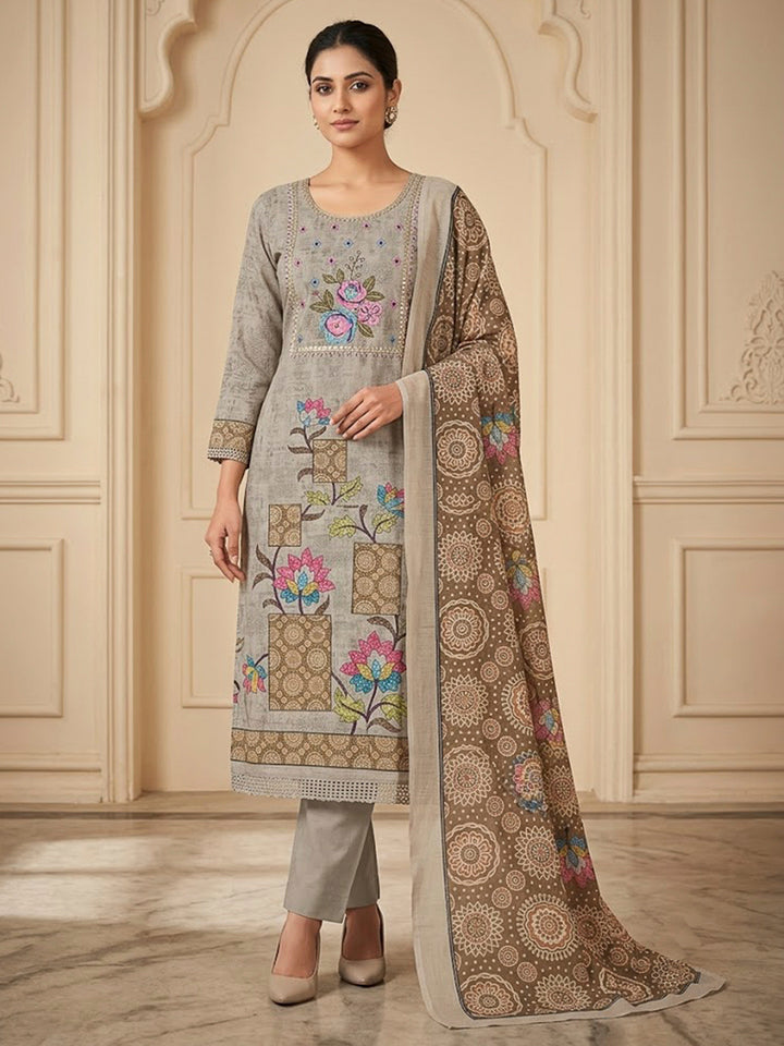 Beige Chanderi Printed Unstitched Dress Material