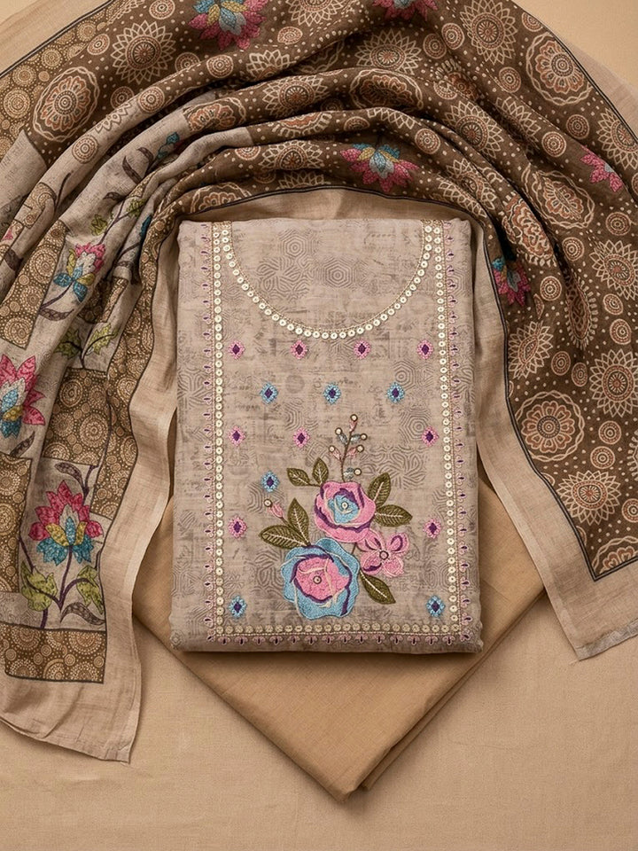 Beige Chanderi Printed Unstitched Dress Material