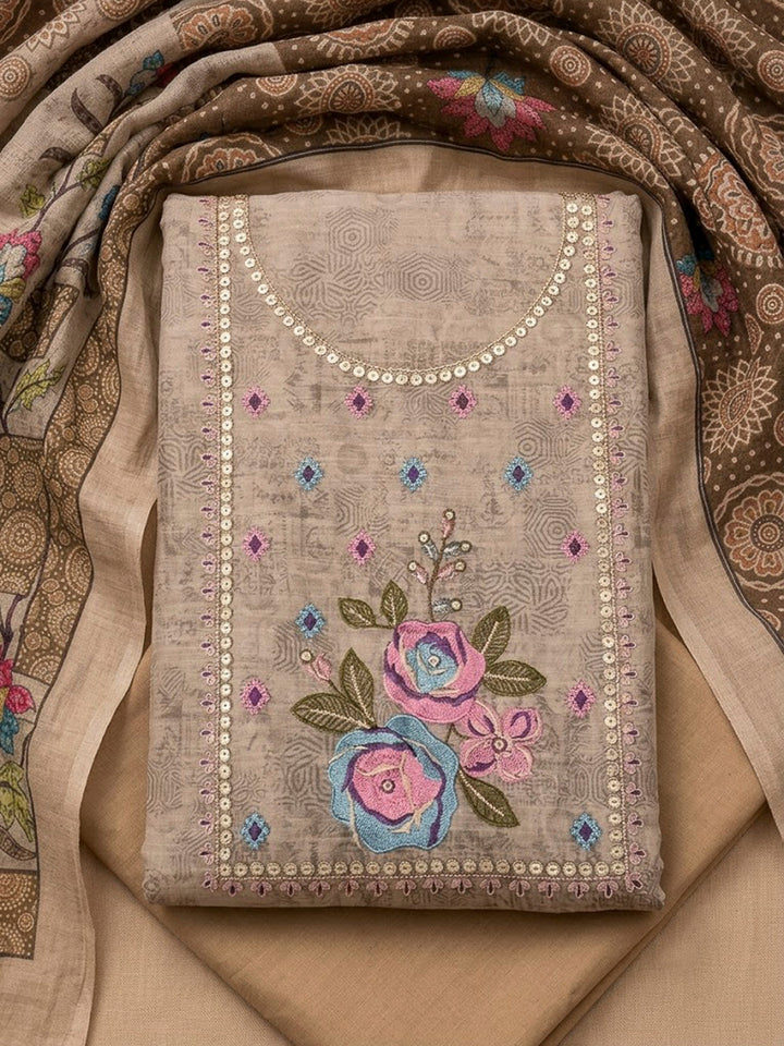 Beige Chanderi Printed Unstitched Dress Material