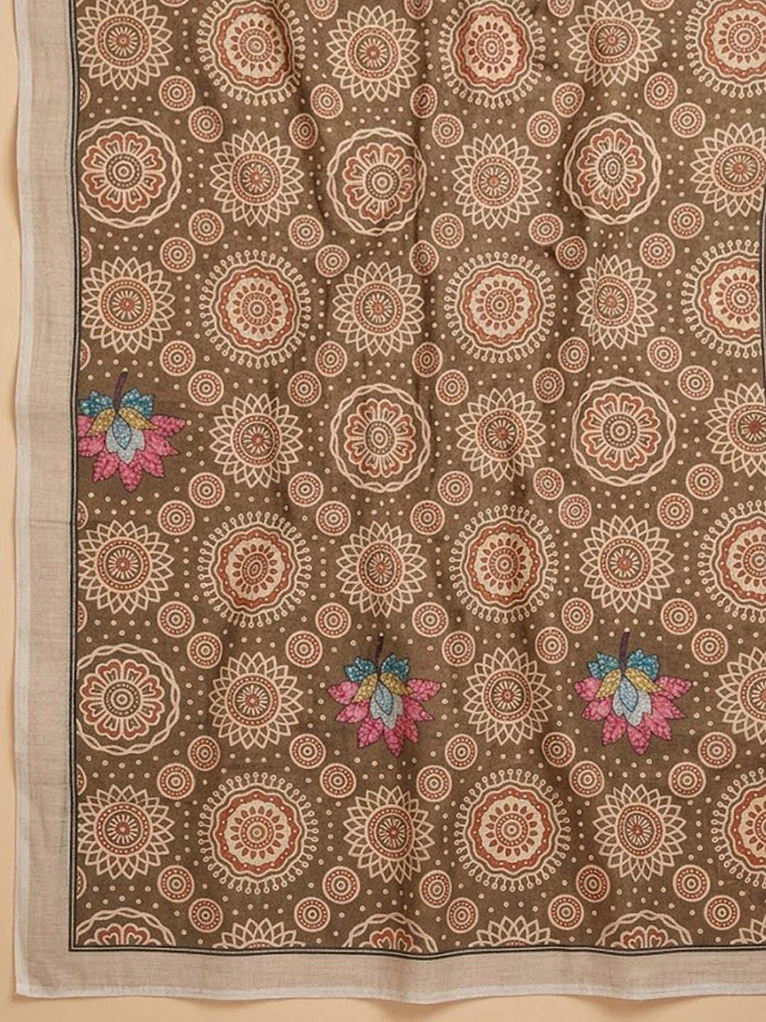 Beige Chanderi Printed Unstitched Dress Material