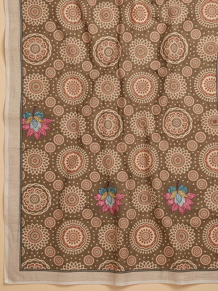 Beige Chanderi Printed Unstitched Dress Material