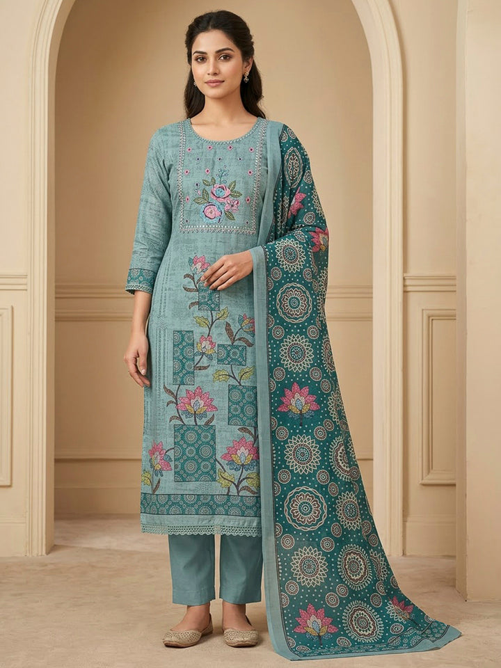 Blue Chanderi Printed Unstitched Dress Material