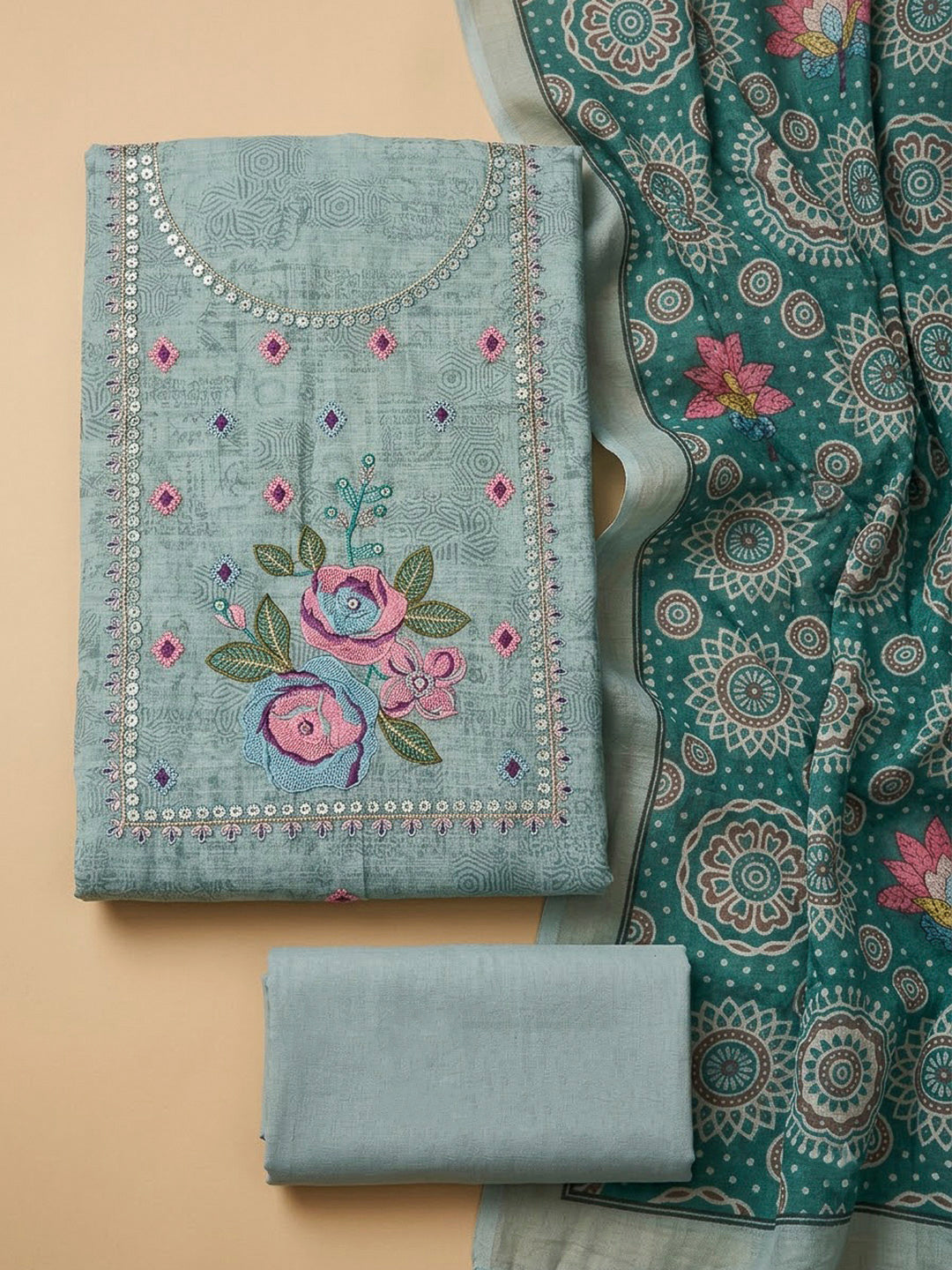 Blue Chanderi Printed Unstitched Dress Material