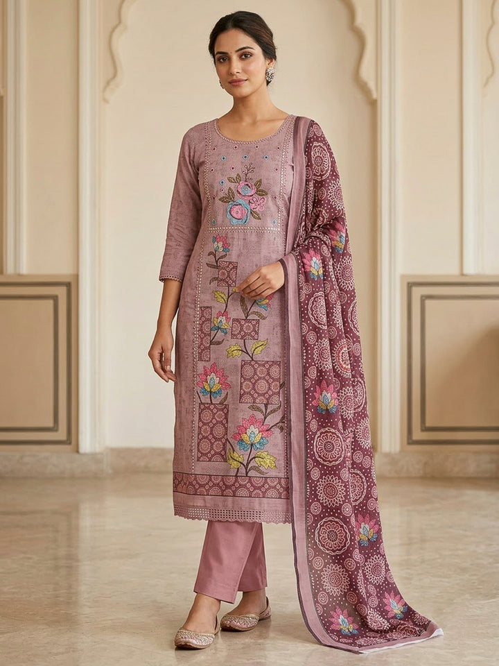 Onion Pink Chanderi Printed Unstitched Dress Material