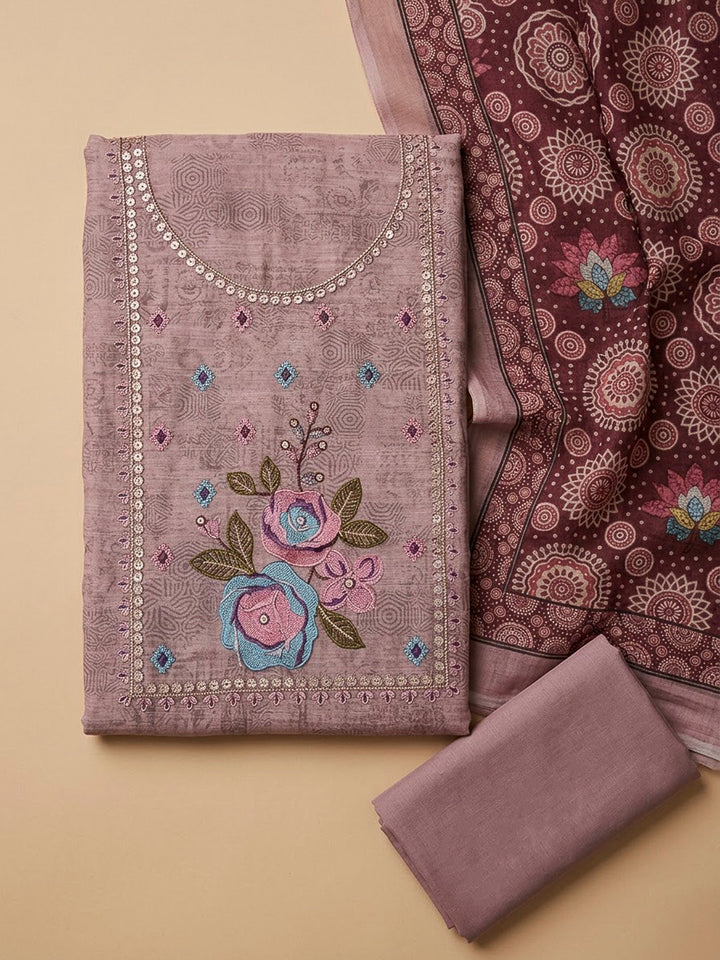 Onion Pink Chanderi Printed Unstitched Dress Material