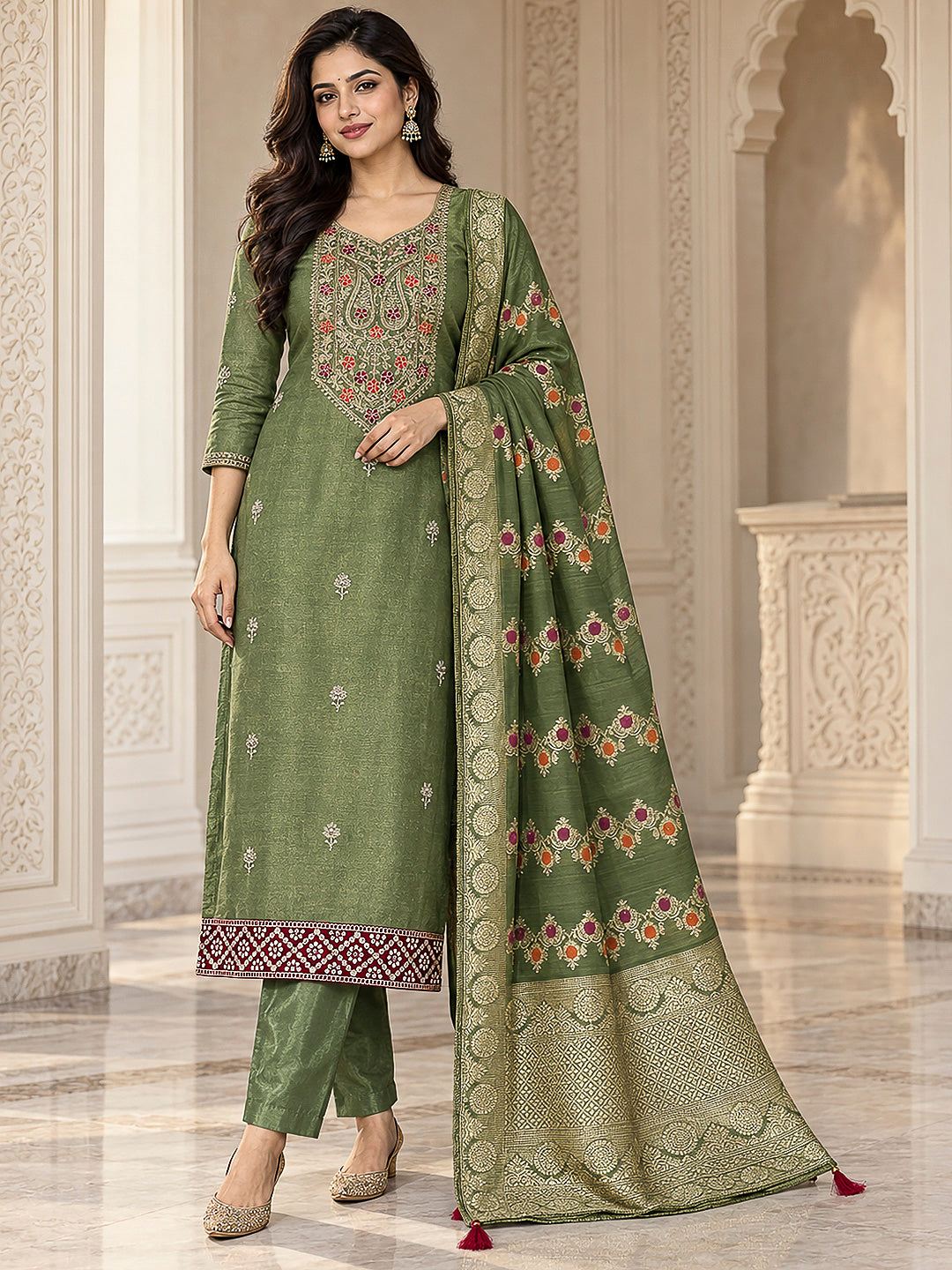 Green Tissue Embroidered Unstitched Dress Material