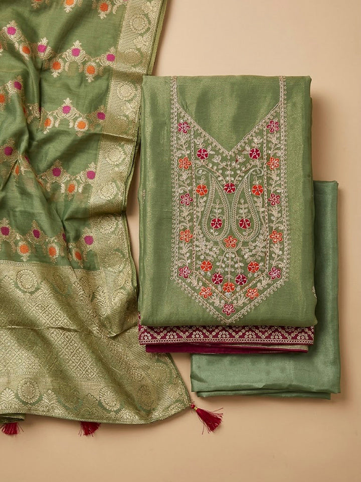 Green Tissue Embroidered Unstitched Dress Material