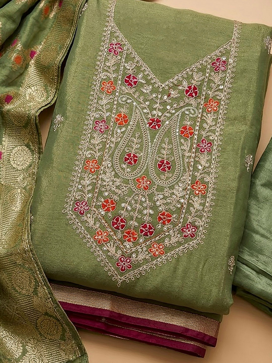 Green Tissue Embroidered Unstitched Dress Material