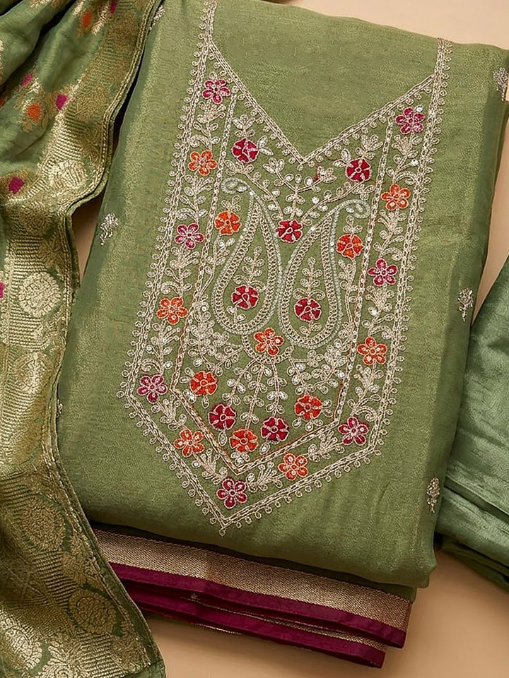 Green Tissue Embroidered Unstitched Dress Material
