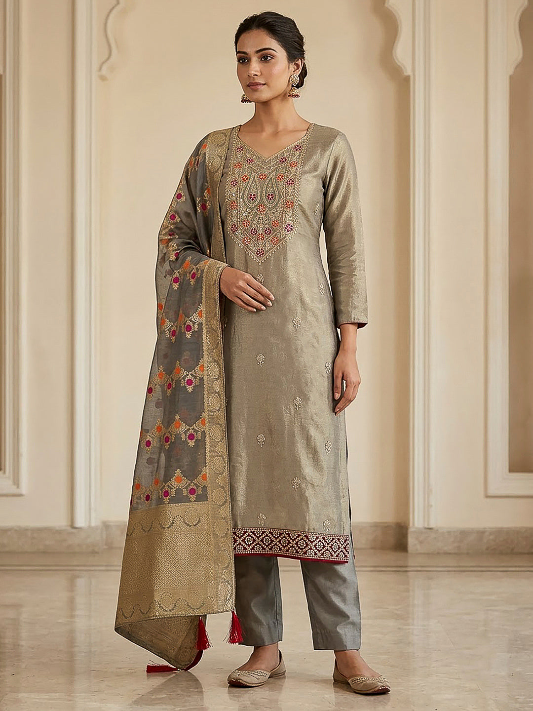 Grey Tissue Embroidered Unstitched Dress Material