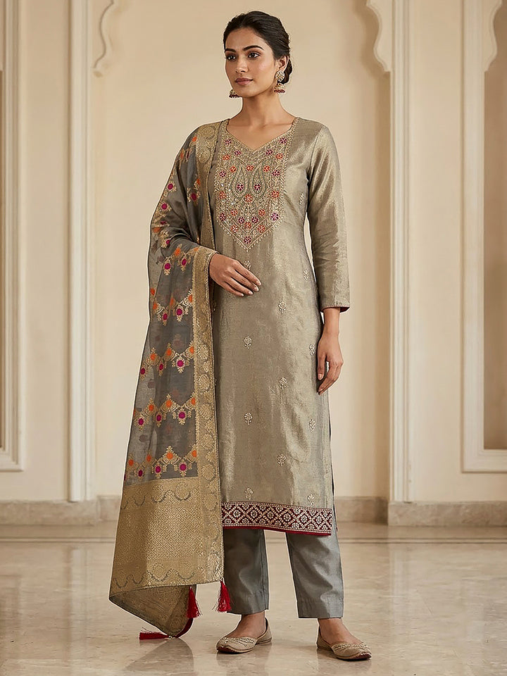 Grey Tissue Embroidered Unstitched Dress Material