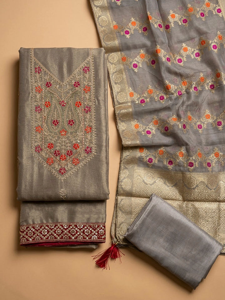 Grey Tissue Embroidered Unstitched Dress Material