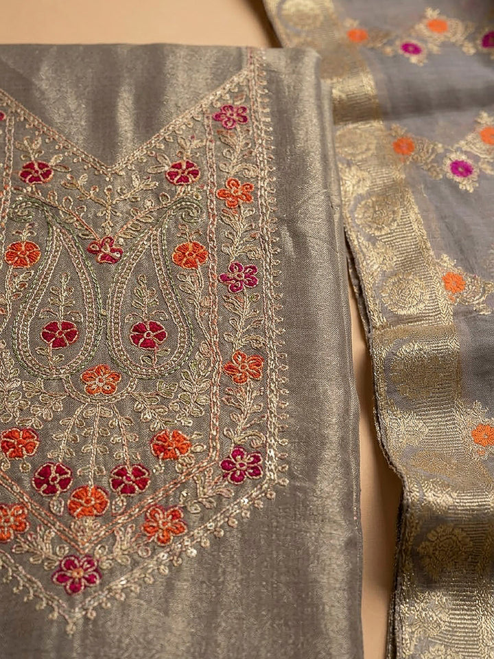Grey Tissue Embroidered Unstitched Dress Material