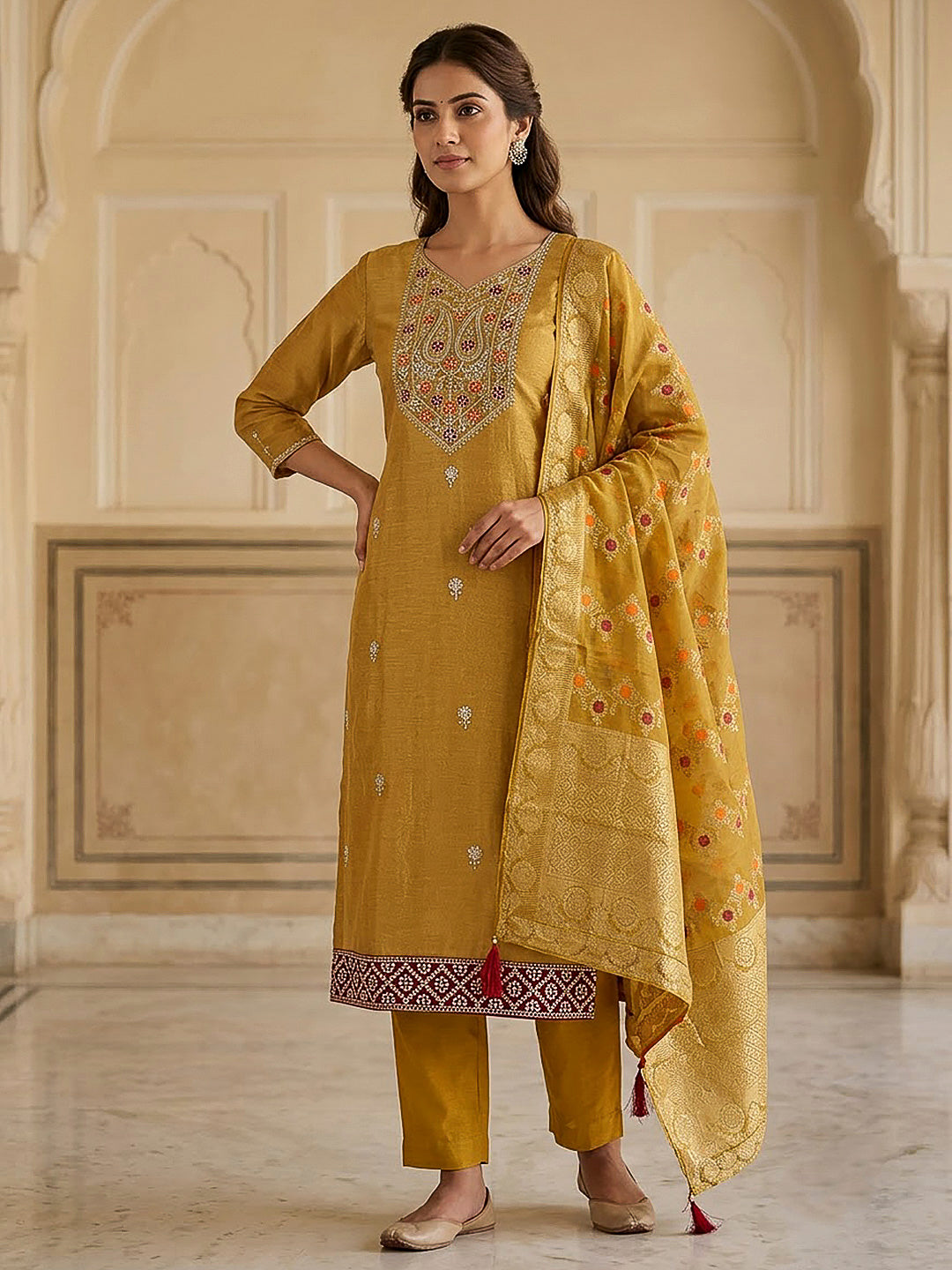 Mustard Tissue Embroidered Unstitched Dress Material