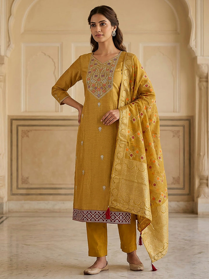 Mustard Tissue Embroidered Unstitched Dress Material