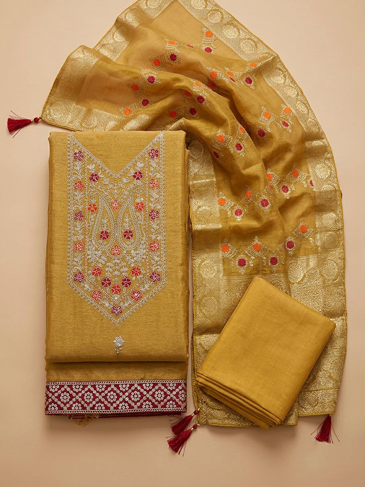 Mustard Tissue Embroidered Unstitched Dress Material