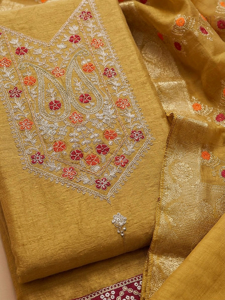 Mustard Tissue Embroidered Unstitched Dress Material