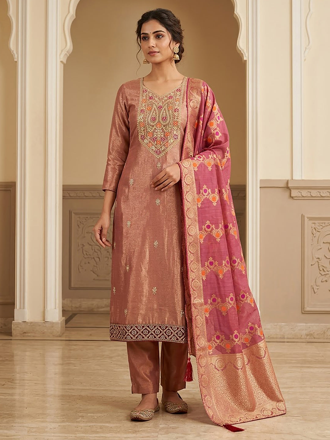 Onion Pink Tissue Embroidered Unstitched Dress Material