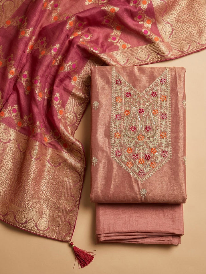 Onion Pink Tissue Embroidered Unstitched Dress Material