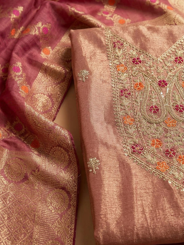 Onion Pink Tissue Embroidered Unstitched Dress Material