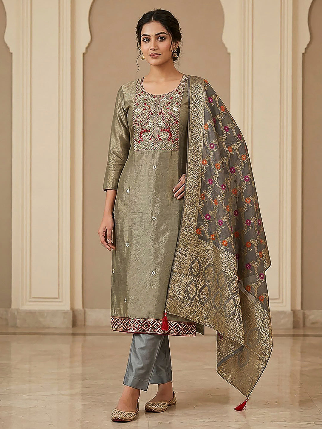 Grey Chanderi Embroidered Unstitched Dress Material