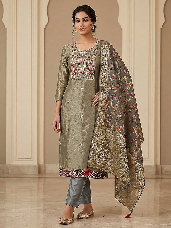 Grey Chanderi Embroidered Unstitched Dress Material